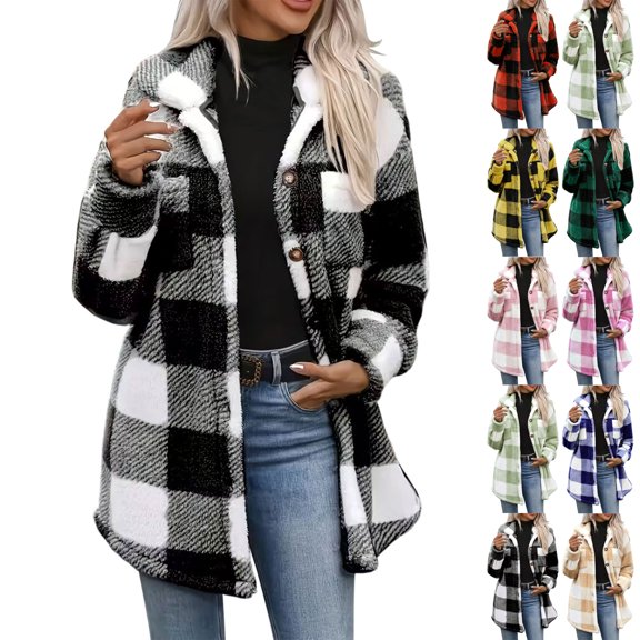 Button Down Plaid Jacket for Women,Mid-Length Turned-Down Collar Warm Fleece Fall Winter Jacket Coat with Pockets