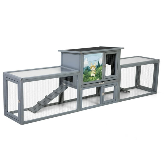 ZephyPaws 95" Wooden Rabbit Hutch Bunny Cage,Pet Playpen House Enclosure with Double Side Run Boxes,No Leak Tray,Ramp for Guinea Pig and Small Animals,Gray
