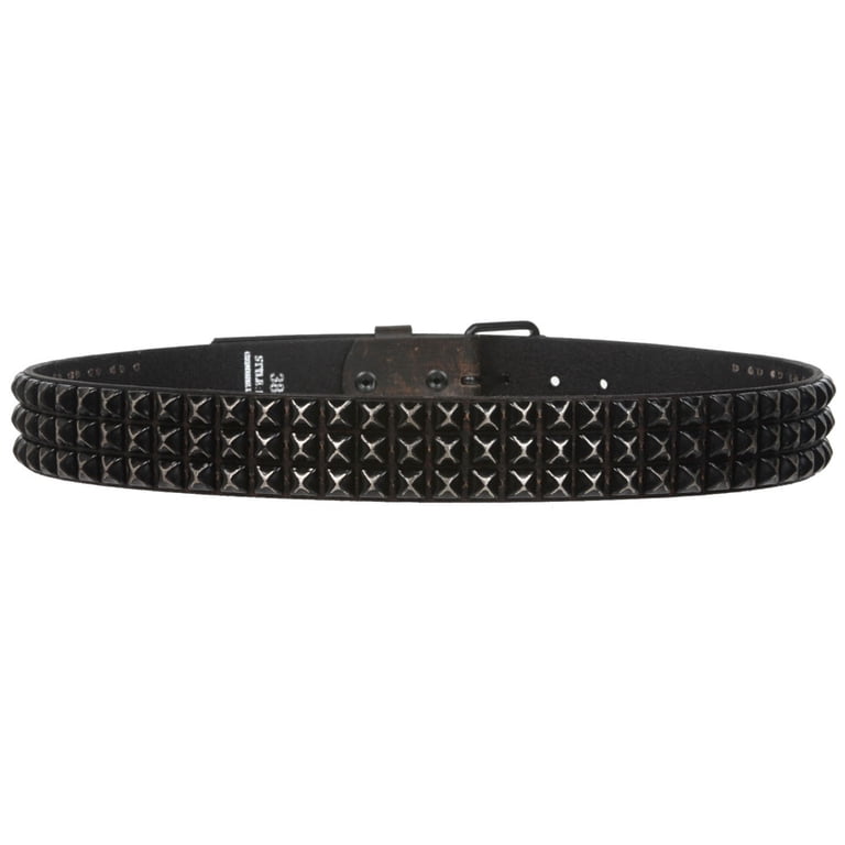 Snap On Punk Rock Studded Leather Belt - 1 3/4" Three Row Distressed Black Metal Studs Unisex