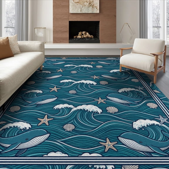 ODIKA 8'x10' Washable Area Rug Bathroom Deep Surf Featuring Creatures Nautical Ocean Funky Theme for Dining Room, Large Office, Lounge, Non-Slip Chair-Friendly Mat