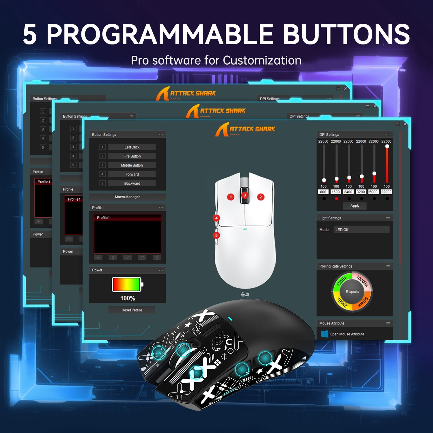 ATTACK SHARK X11 Wireless Gaming Mouse with RGB Charging Dock, Tri-Mode 2.4G/USB-C Wired/Bluetooth, 22000 DPI, PAW3311 Sensor, 5 Programmable Buttons, Grip Tape Included, Black