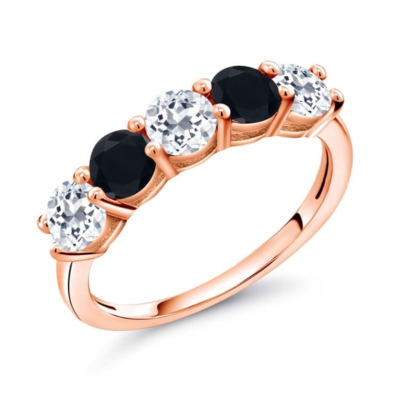 Gem Stone King 18K Rose Gold Plated Silver White Topaz and Black Onyx Wedding Band Ring for Women (0.91 Cttw, Round 3.5MM, Gemstone November Birthstone, Size 5)
