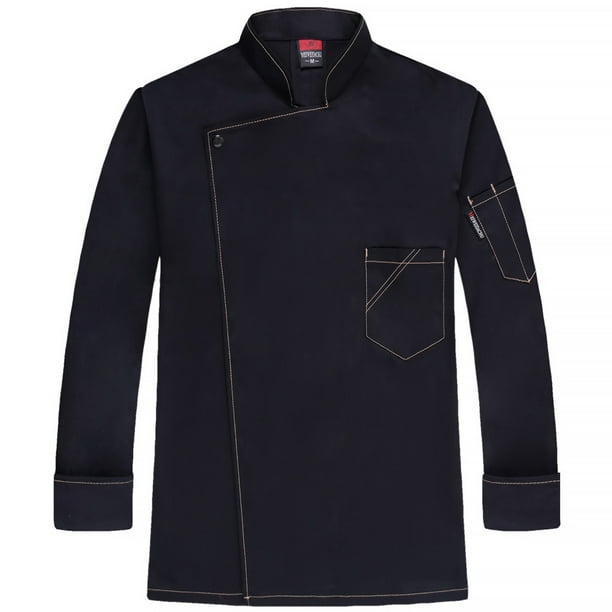 Chef uniforme de poliéster de manga larga de manga larga delantal de cocina caliente con bolsillos delanteros Catering Cómodas bandas de sudor para cafetería Negro XL Methold LF000326-03