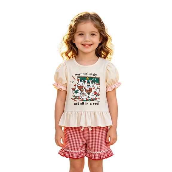 Glisme Girls Outfit Set Graphic Print Short Sleeve Crew Neck Tees With Plaid Shorts Set Back to School Durable Wear Girls Outfit Size 12-18 Months Beige