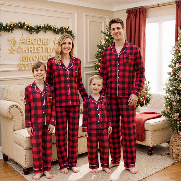 Nibbcoa Christmas Family Pajamas Matching Set, Long Sleeve Shirt with Pants Plaid Sleepwear Loungew