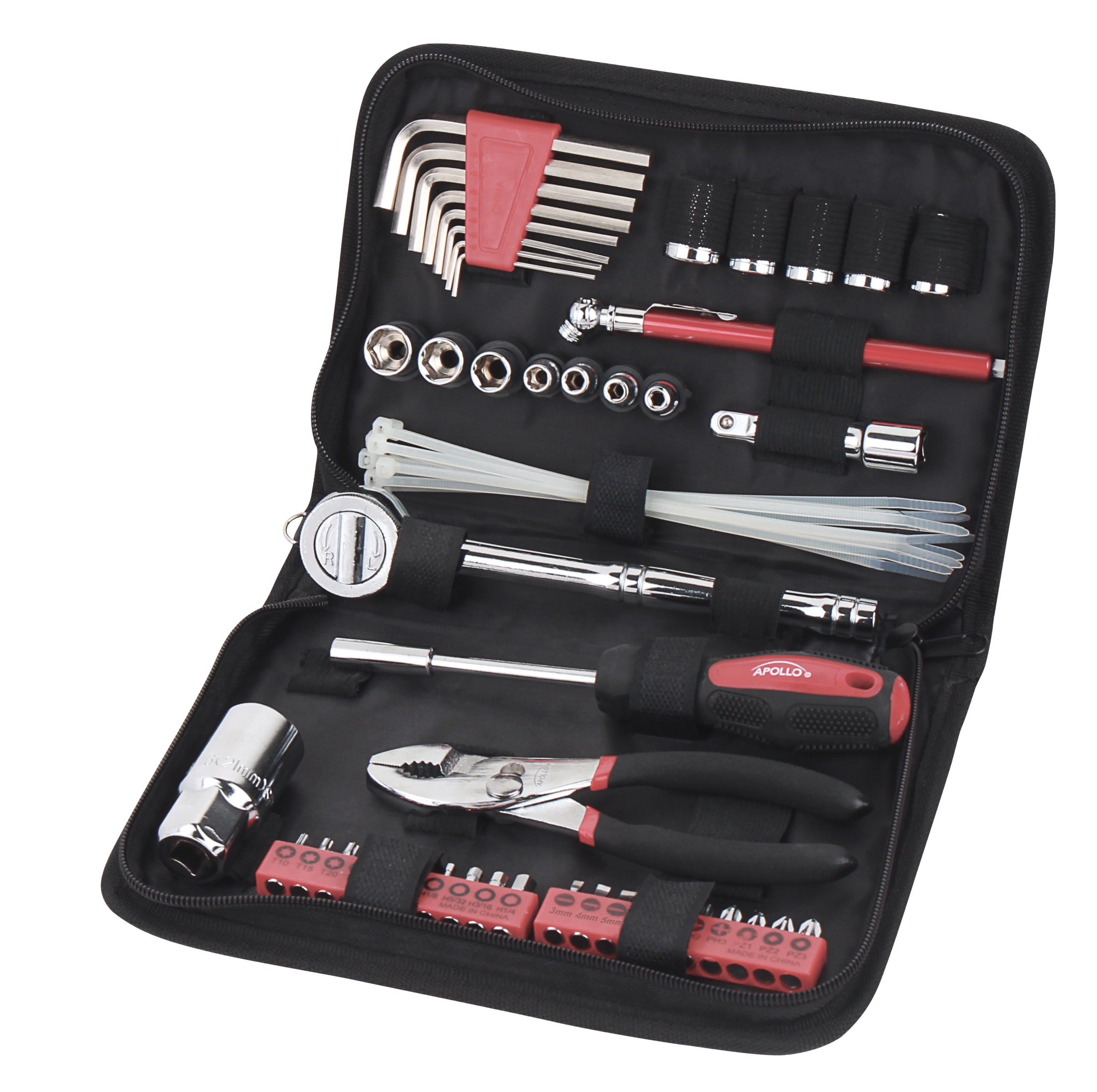 Apollo Tools 56pc DT9775 Auto Tool Set In Zippered Case Metric: Car Tool Set, Comfort-Grip, Interchangeable Bits, Steel