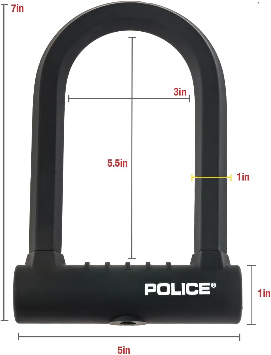 POLICE U-Lock Bike Lock with Key, U-Lock for Bicycles, Lock for Scooters, Outdoor Equipment Silicone-Coated Bike Lock with Cable Heavy Duty Black