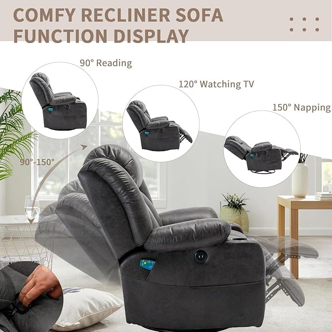 EPICOZY  360° Swivel Rocker Recliner Chair with Heat and Massage, Manual Glider Rocking Reclining Chair, Swivel Overstuffed Lounge Reclining Chair with 2 Cup Holders, Side Pockets & USB Ports, Grey
