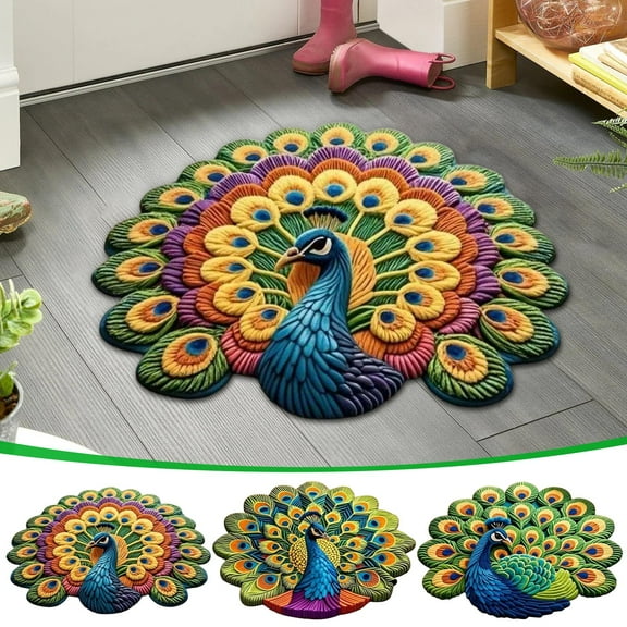 40x40cm Crystalline Velvet Quick-Dry Non-Slip Bath Mat with Peacock Design, Unique Shape for Bathroom and Kitchen Decorative Use