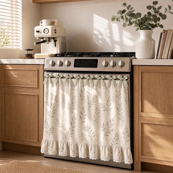 Kitchen Oven Door Decor Curtain, Lace Kitchen Curtains, Floral Curtains Botanical Printed, Farmhouse Valance with Eyelet Lace Trim, 31X22 Inch 1-Piece Toile Pattern Ruffled Stove