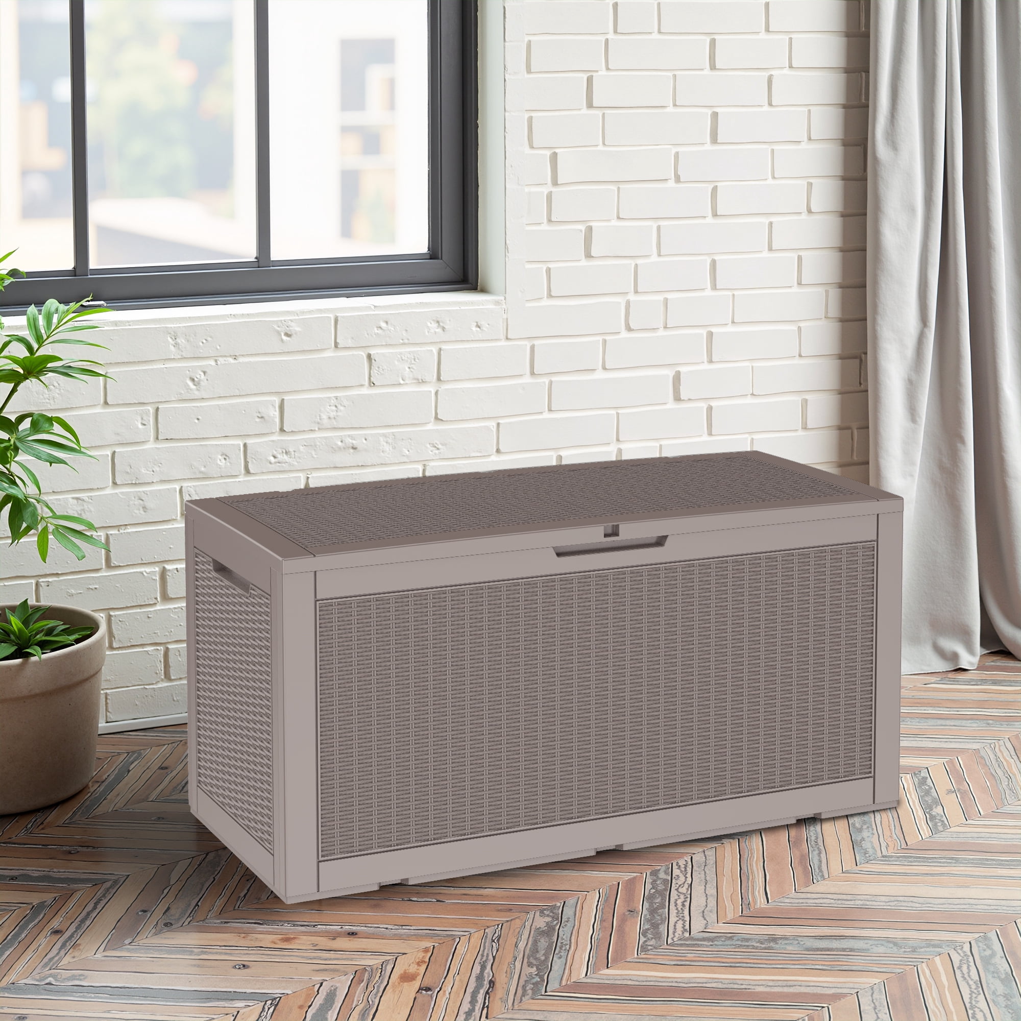 MAYEERTY 100 Gallon Outdoor Deck Box, Large Capacity Storage Box for Patio Furniture Cushions, Pillow with Wheels, Light Brown