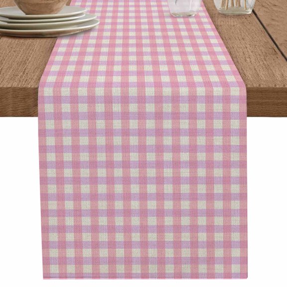 Pink Gingham on Linen Table Runner-70 Inch Long Modern Plaid Lattice Table Runners Linen Burlap Tablerunner for Kitchen Dining Room Holiday Party