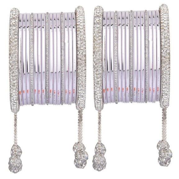 Efulgenz Indian Wedding Bridal Bangles Set Metal Bangles Crystal CZ Rhinestone Plain Glossy Alloy Bangles with Metal Ball Beaded Hanging Tassel Bracelet Jewelry For Women (34 Pcs) Size 2.4