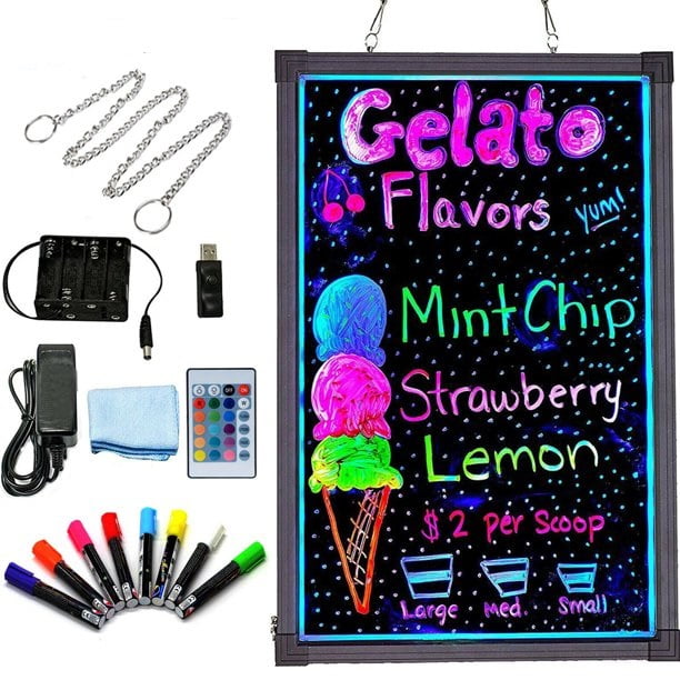 Controller 20“ X 28” LED Message Board with Lighting,Blackboard Set 1+8 Highlighters +Power Supply Cleaning Cloth,erasable neon Effect menu Signs 