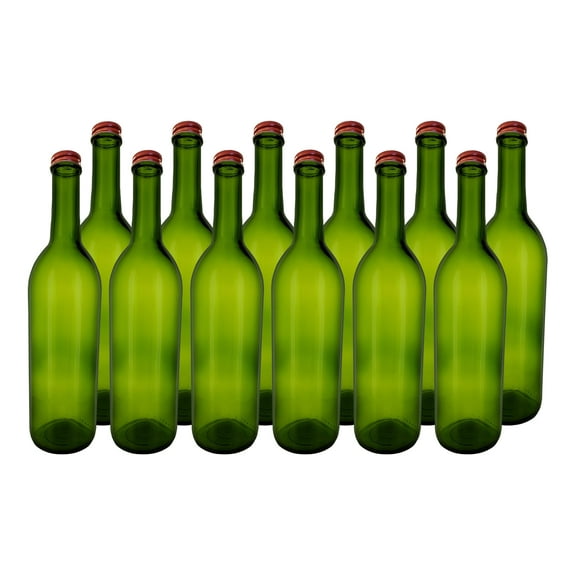 750 ml Green Bordeaux Bottles, Screw Top, Case of 12 With 28mm Red Metal Lids