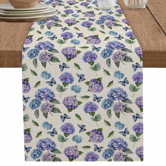 nqOlkjepod Purple Blue Hydrangea Table Runner 108 Inches Long Farmhouse Dress Scarves, Pastoral Butterfly Botanical Dining Tablerunner for Coffee Table/Kitchen Island/Party Décor, 13" x 108"