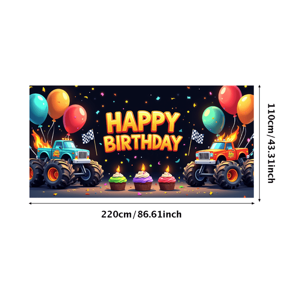 Monster Truck Themed Neon Happy Birthday Banner Party Decoration Backdrop for Birthday Parties Photography Props Decorations Event Decor Party Supplies