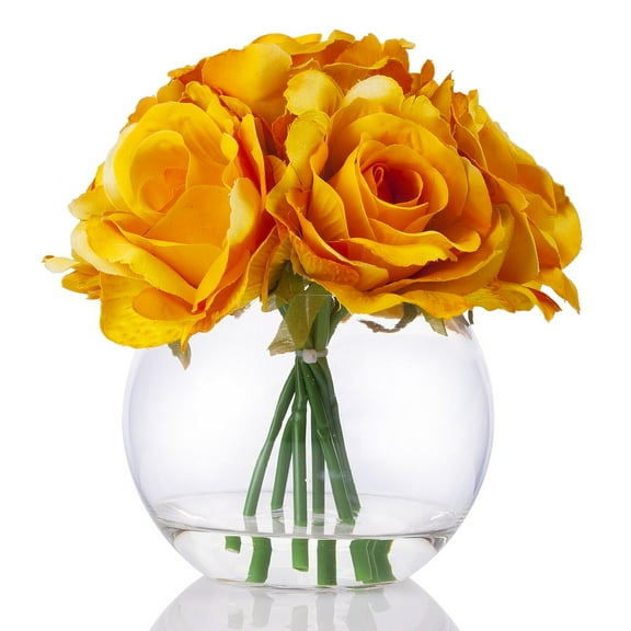 Enova Home Artificial 7 Head Large Roses Silk Flower Arrangement in Clear Glass Vase With Faux Water (Yellow)