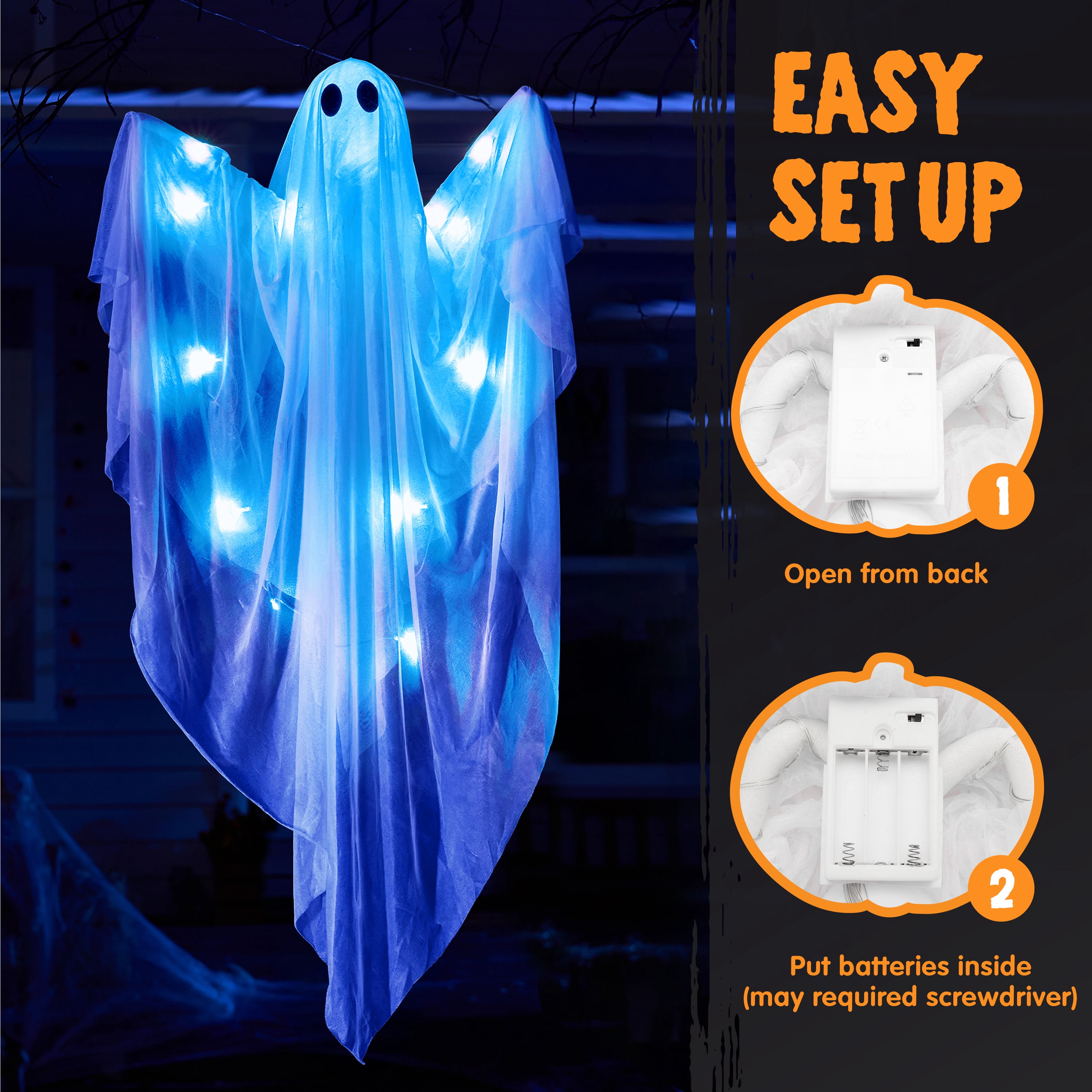 Joyfy 47" Halloween Hanging Light up Ghost Decorations Outdoor,White Ghosts with Blue LED Light and Timer Halloween Hanging Decoration Waterproof for Front Yard Patio Lawn