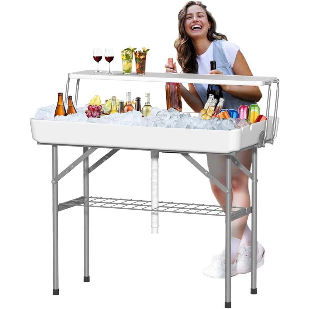 Home Outdoor Ice Cooler Folding Table with Drain, Two-Tier Ice Tables with Removable Skirt and Extra Storage Shelf, Indoor Outdoor Use for Events, Parties, Wedding, Camping, BBQ