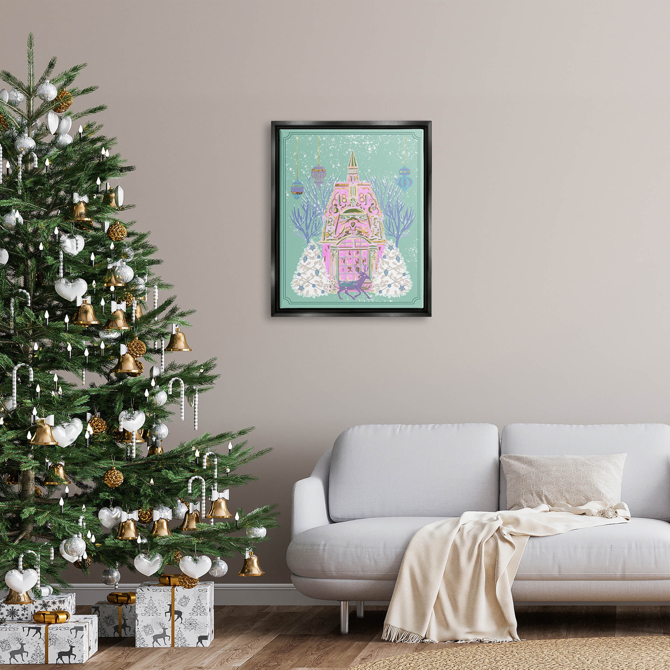Stupell Industries Pastel Holiday Snowy Architecture Graphic Art Jet Black Floating Framed Canvas Print Wall Art, Design by Melissa Wang