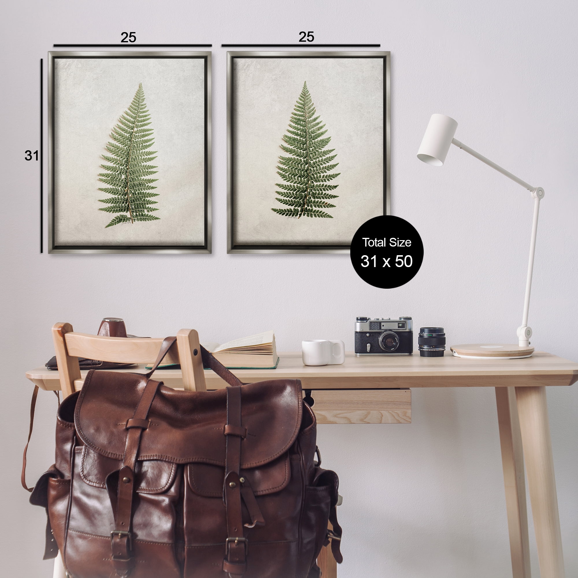 Stupell Industries Realistic Fern Leaves Plants & Flowers Painting Gray Floater Framed Canvas Art Print Wall Art, 31 x 25, Set of 2