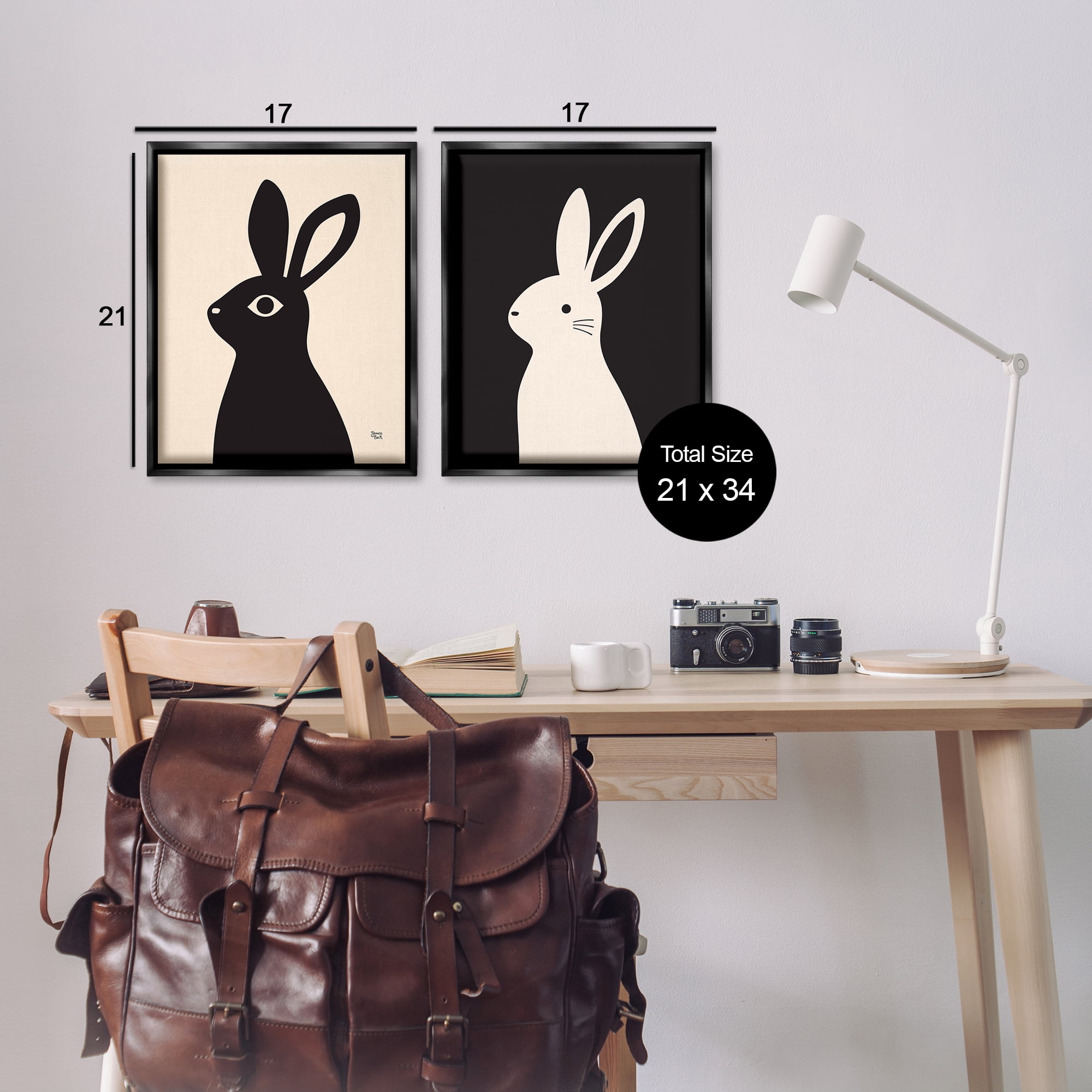 Stupell Industries Cream & Black Rabbits Animals Painting Black Floater Framed Canvas Art Print Wall Art, 17 x 21, Set of 2