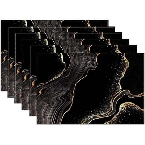 Black Gold Marble Placemats Set of 6,12x18 Inch Linen Place Mat Washable Stain Resistant Table Mats for Spring Summer Seasonal Farmhouse Kitchen Party Home Decor