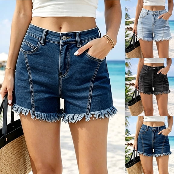 Fengqque Jean Shorts for Women High Waisted Button Raw Hem Stretch Denim Shorts Cutoff Summer Jorts with Pockets Light Blue XS