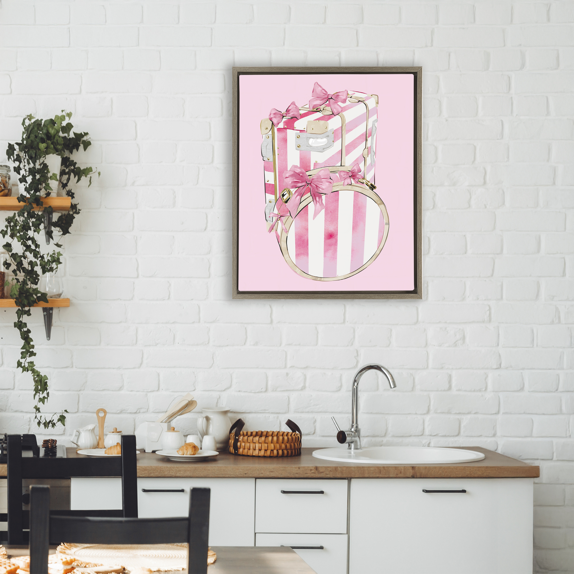 Pastel Stripe Luggage Brown Framed Floater Canvas Wall Art, design by Ziwei Li