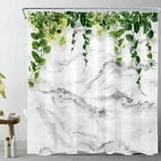 HVEST Green Leaves Shower Curtain for Bathroom Decor, Eucalyptus Leaves on Grey Abstract Marble Bathroom Curtain, Modern Art Polyester Waterproof Fabric Bath Decor Accessories, 70 X 69 Inches