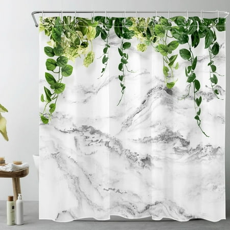 HVEST Green Leaves Shower Curtain for Bathroom Decor, Eucalyptus Leaves on Grey Abstract Marble Bathroom Curtain, Modern Art Polyester Waterproof Fabric Bath Decor Accessories, 70 X 69 Inches