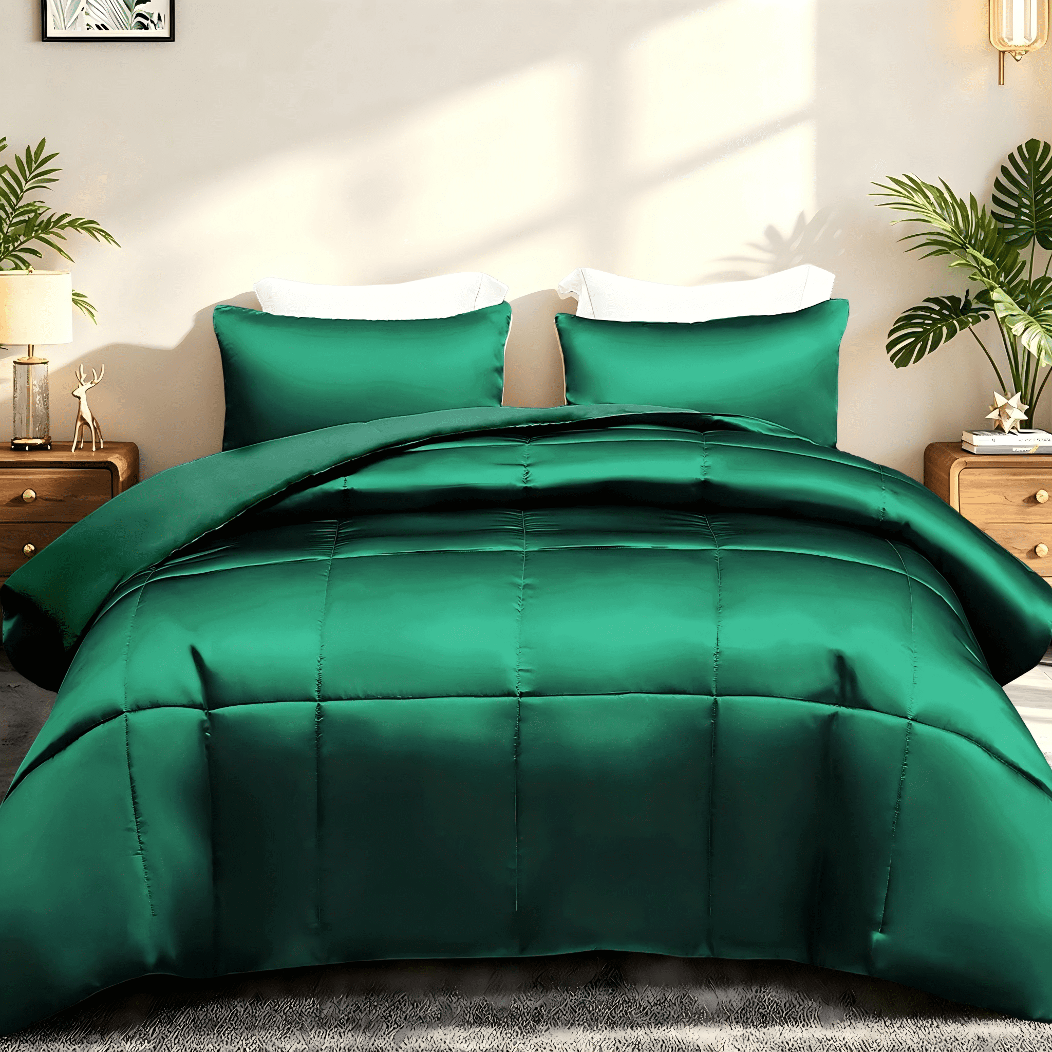 Whale Flotilla 3-Piece Reversible Silky Satin King Size Comforter Bedding Set, Lightweight Luxury Comforters with 2 Pillowcases All-Season, Deep Green