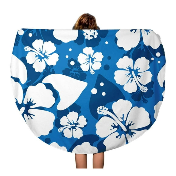 NUDECOR 60 inch Round Beach Towel Blanket Blue Hawaiian Hibiscus Flowers Pattern Hawaii Aloha Tropical Beach Travel Circle Circular Towels Mat Tapestry Beach Throw