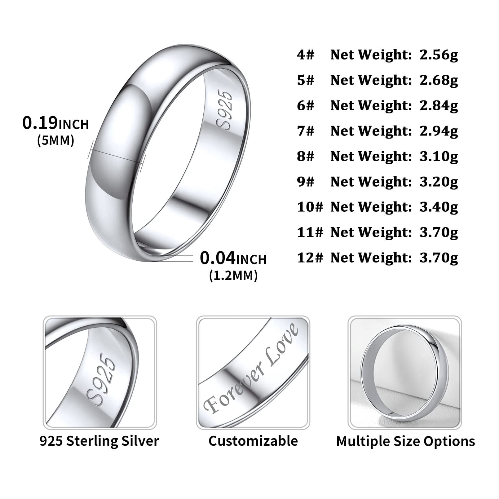 ChicSilver 5mm Sterling Silver Ring for Men Women High Polished Wedding Band Promise Engagement Ring Jewelry Gift Size 11