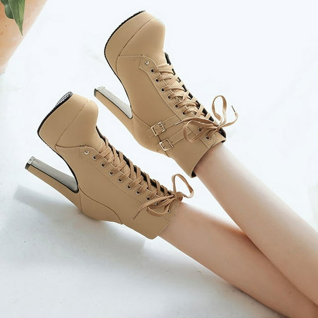 Zapatos de mujer Cálidos con cordones Tacón súper alto Tacón grueso Punta redonda Hebilla de cinturón Botas de tubo medio Wmkox8yii hfjk1062