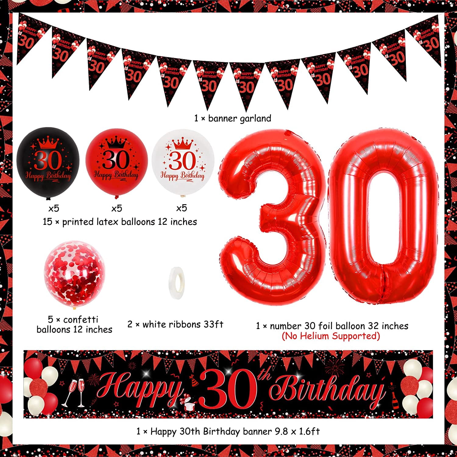 30th Birthday Decorations Red and Black for Men Women, 30 Birthday Party Supplies with Happy 30th Birthday Yard Banner 9.8 x 1.6ft Confetti Foil Balloons Triangle Flag for 30th Birthday Party Decor