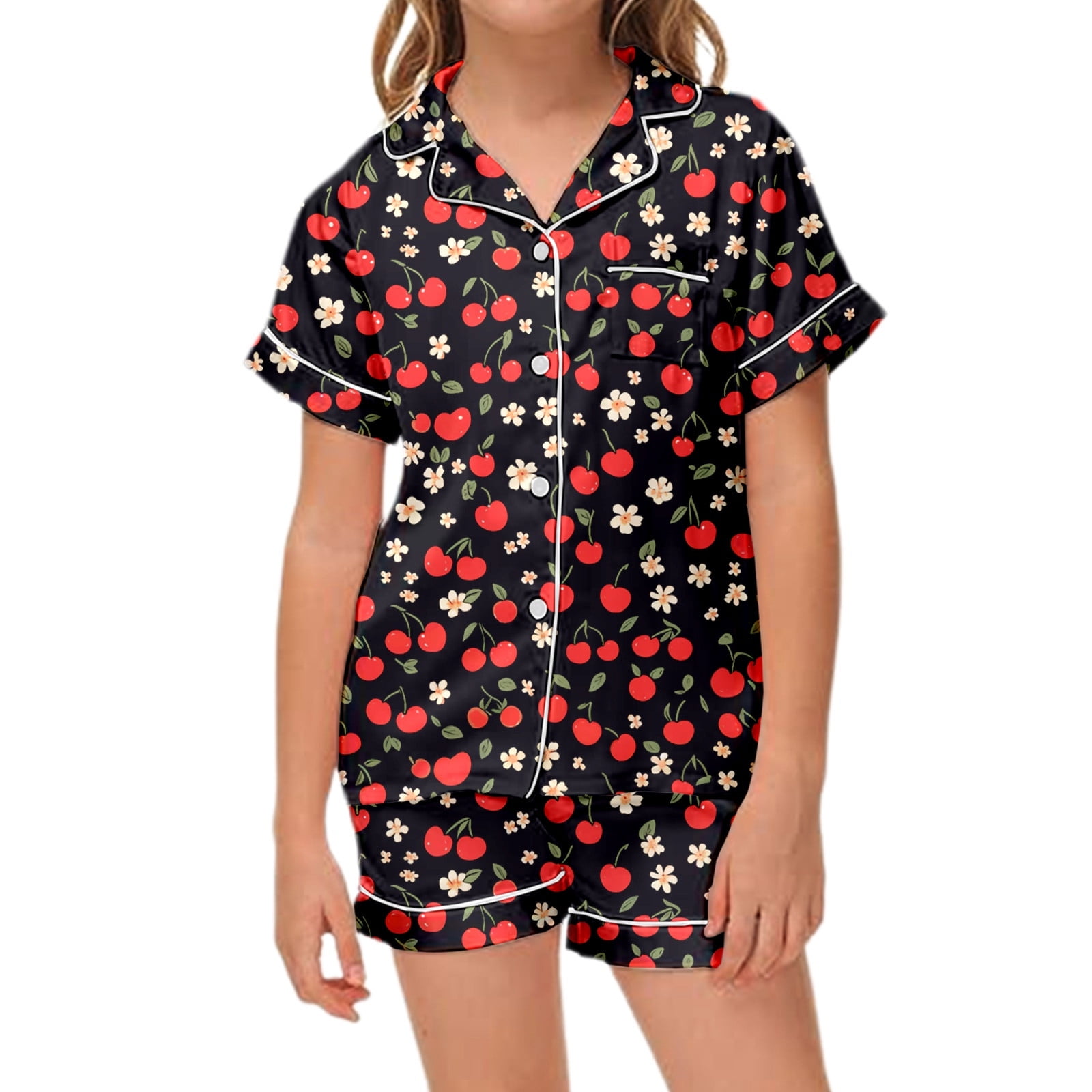 Tween Pajamas Girls Fruit Print 2 Piece Short Sleeve Button Down Nightwear with Shorts Set Summer Outfits for Girls Boys Pajamas Size 10-11 Years