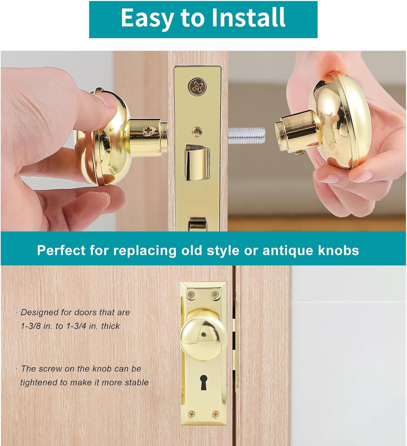 MKEUDQ-Intieror Gold Door Knob Set with Spindle, Old Style Door Knobs Replacement Set for Mortise Lock Interior Doors, Polished Brass
