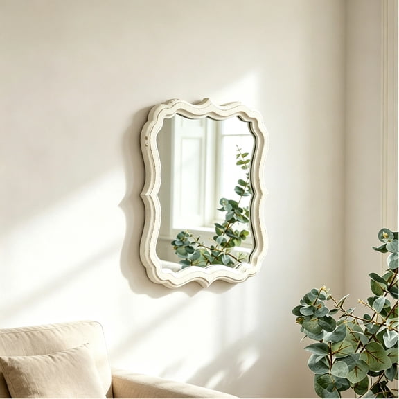 Sintosin Rustic Distressed Wood Wall Mirror with Scalloped Edge, Vintage Decor for Bedroom and Living Room, White