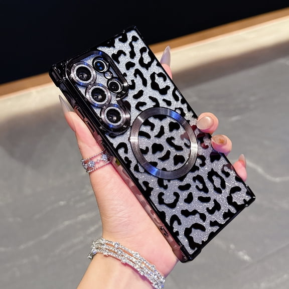 Case for Samsung Galaxy S26 Plus, Compatible with MagSafe Gradient Glitter Bling Leopard Design Plating Camera Lens Protection Clear Soft Shockproof Anti-Scratch Cover for Women Girls, Black