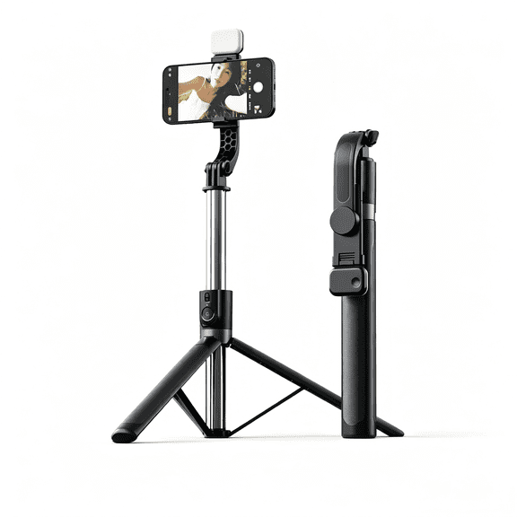 Pautric Selfie Stick Tripod with LED Fill Light, 3-in-1 Extendable Bluetooth Phone Tripod with Wireless Remote, Portable Selfie Stand for iPhone Android, Live Streaming, Vlogging, Black