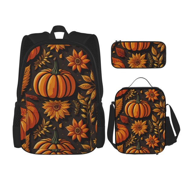 Fotbe Autumn Pumpkin Leaves Set Escolar 3 en 1 para Niños - Mochila Duradera con Lonchera Aislante y Estuche para Lápices - Mochila Escolar para Niños y Niñas