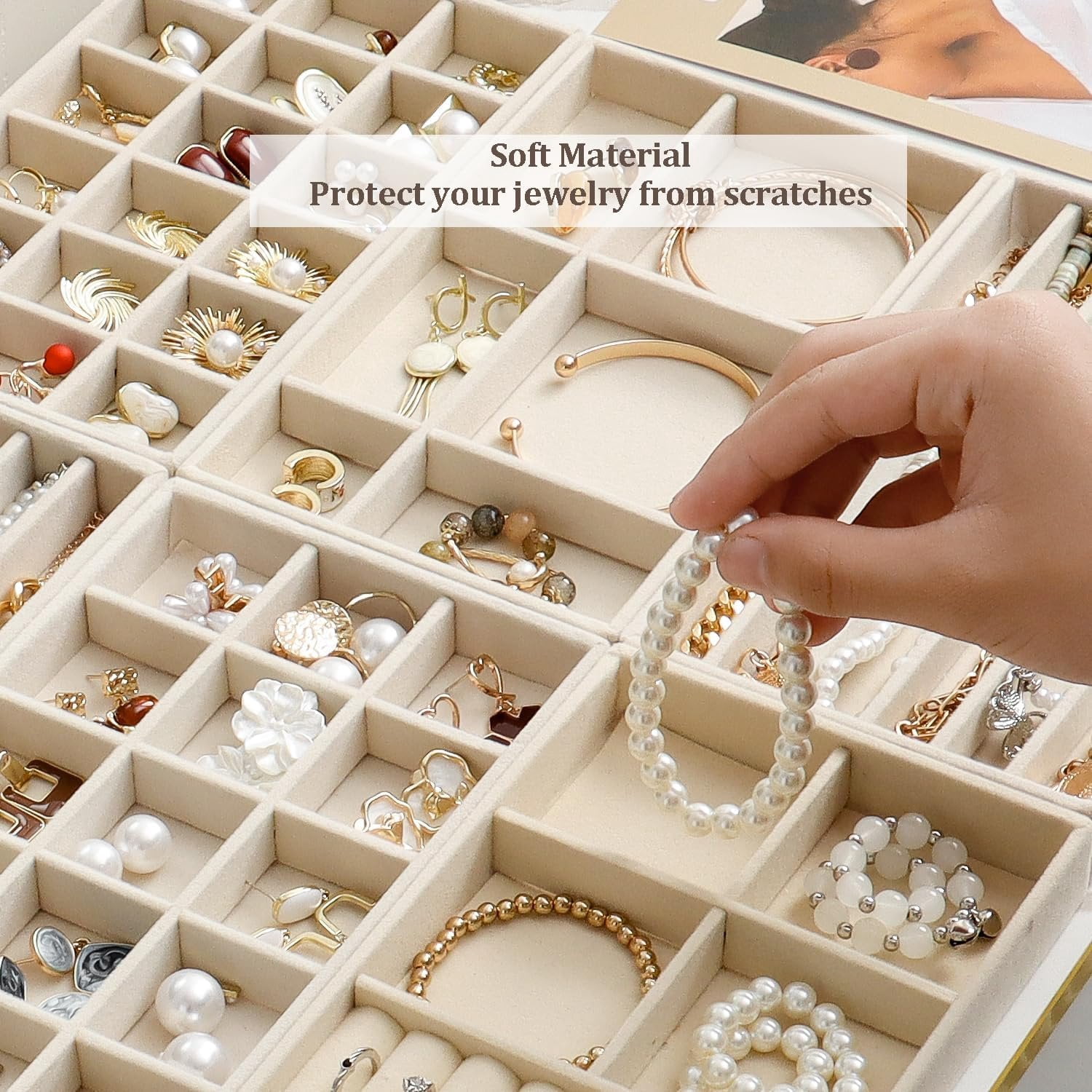 Stackable  Organizer Trays Set of 9, Small   Organizers Earring Necklace Ring Bracelet Display Case Storage for Drawer Dresser (Beige)
