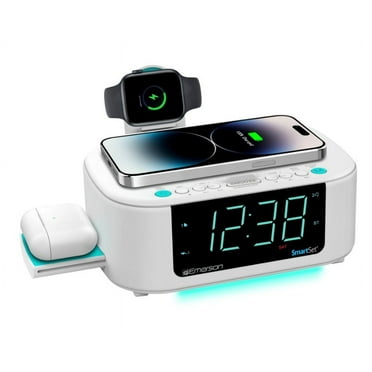 Emerson SmartSet Multiple Wireless Charging, Dual Alarm FM Clock Radio with Bluetooth, Dual USB Charging, 1.2" Cyan LED Display and Décor, CKSW5010
