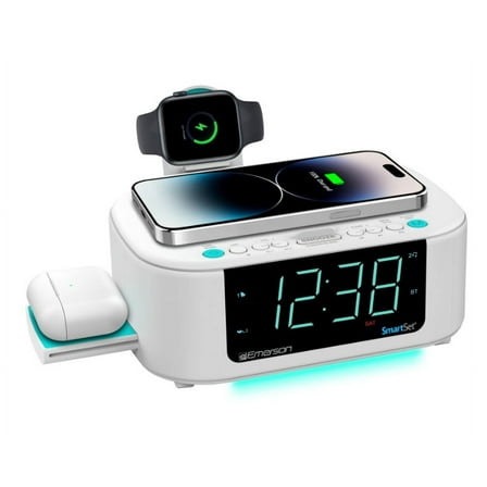 Emerson SmartSet Multiple Wireless Charging, Dual Alarm FM Clock Radio with Bluetooth, Dual USB Charging, 1.2" Cyan LED Display and Décor, CKSW5010