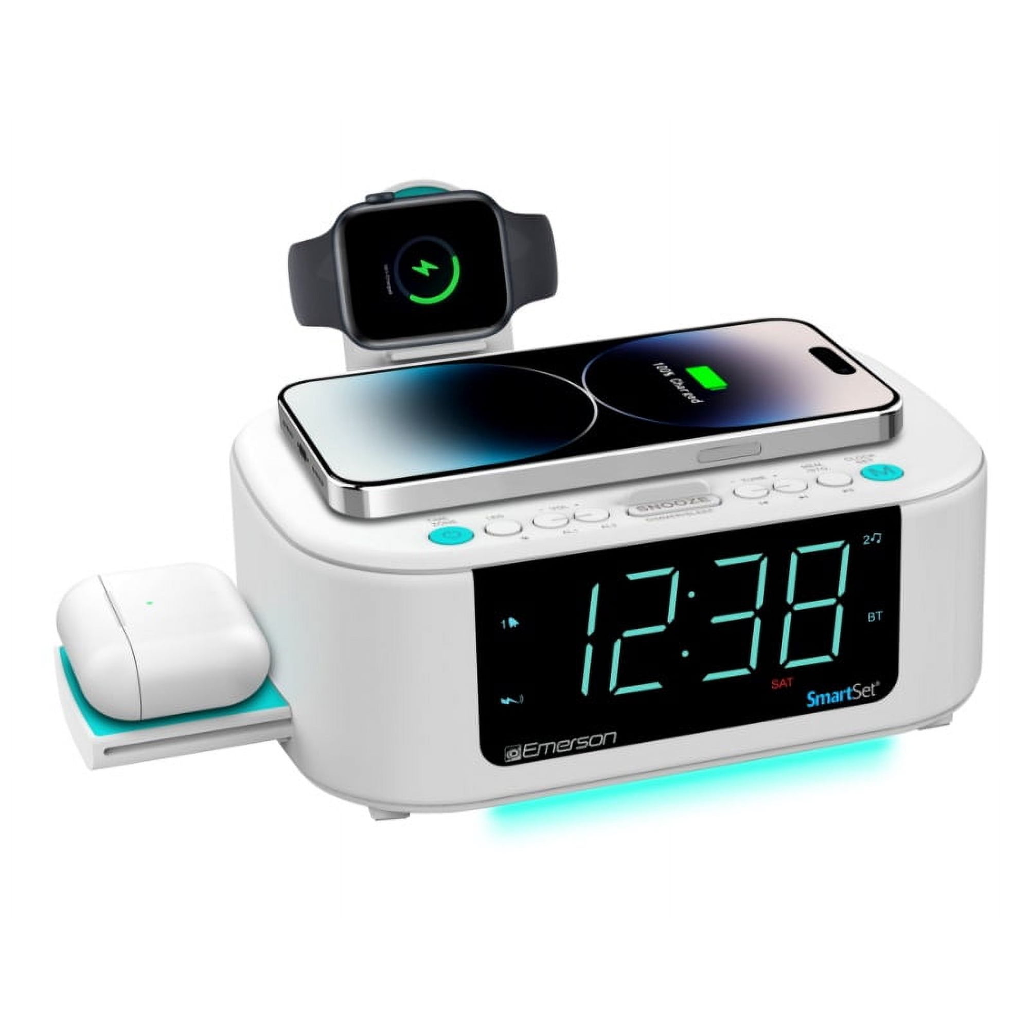 Emerson Smart Set Multiple Wireless Charging, Dual Alarm FM Clock Radio with Bluetooth, Dual USB photo Emerson Smart Set Multiple Wireless Charging, Dual Alarm FM Clock Radio with Bluetooth, Dual USB