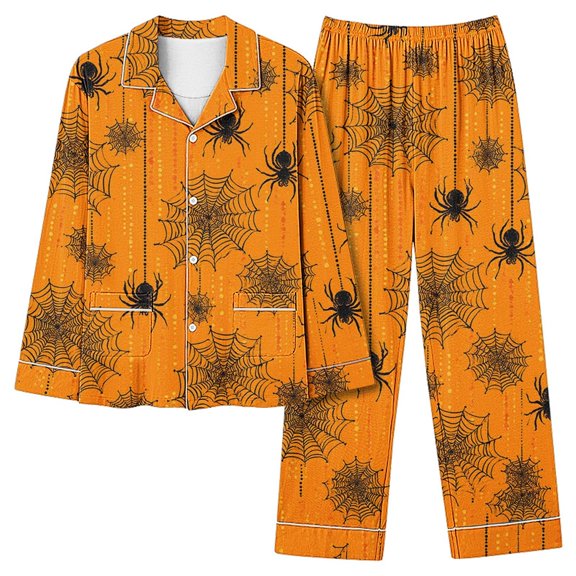 Women's Halloween Pajama Set Pumpkin Button Down Long Sleeve Print Sleepwear 2-Piece Lounge Suit with Pockets