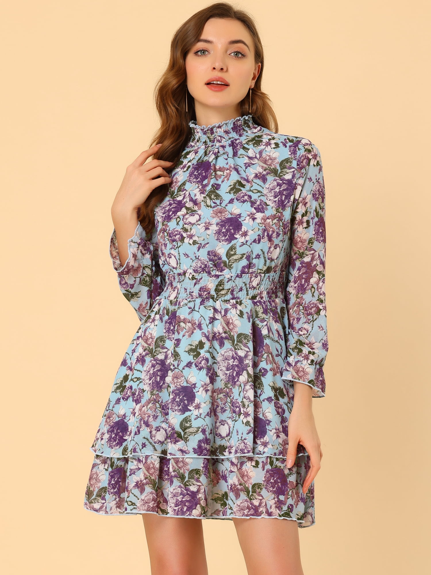 DARING DIVA Floral Ruffle Trim Layered Dresses M Blue