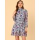 thumbnail image 2 of Vestido floral de gasa de manga larga con cuello simulado, volantes en capas, minivestidos con cintura de bata transparente Azul M, 2 of 5